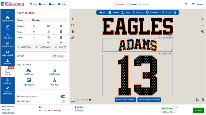 Team Builder tool in Easy View online designer